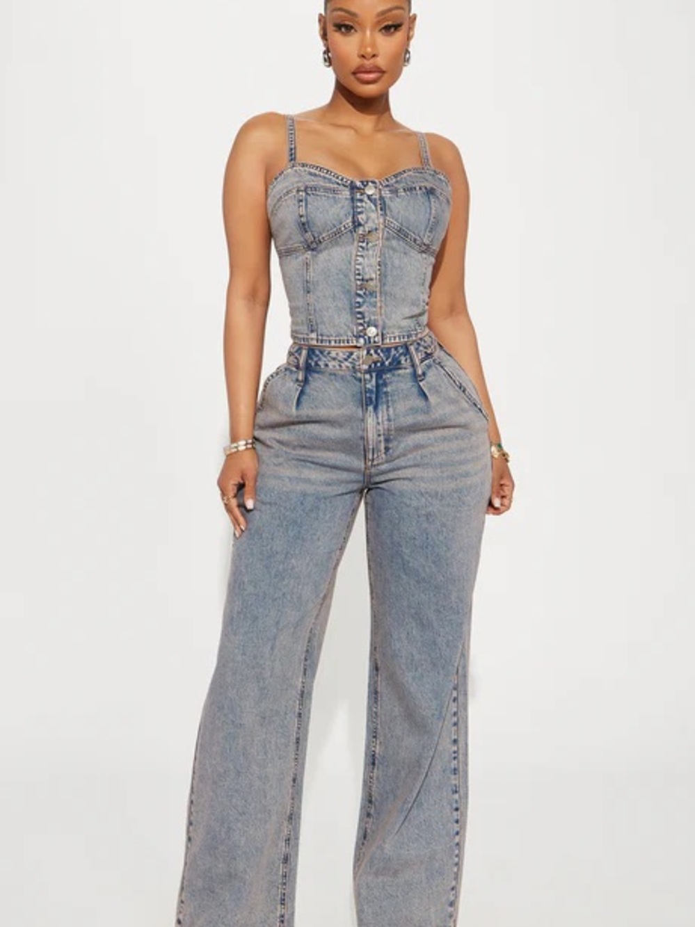 Nwt Fashion Nova Light Blue Denim Set,crop Bustier & High-Waist Wide Leg Jeans